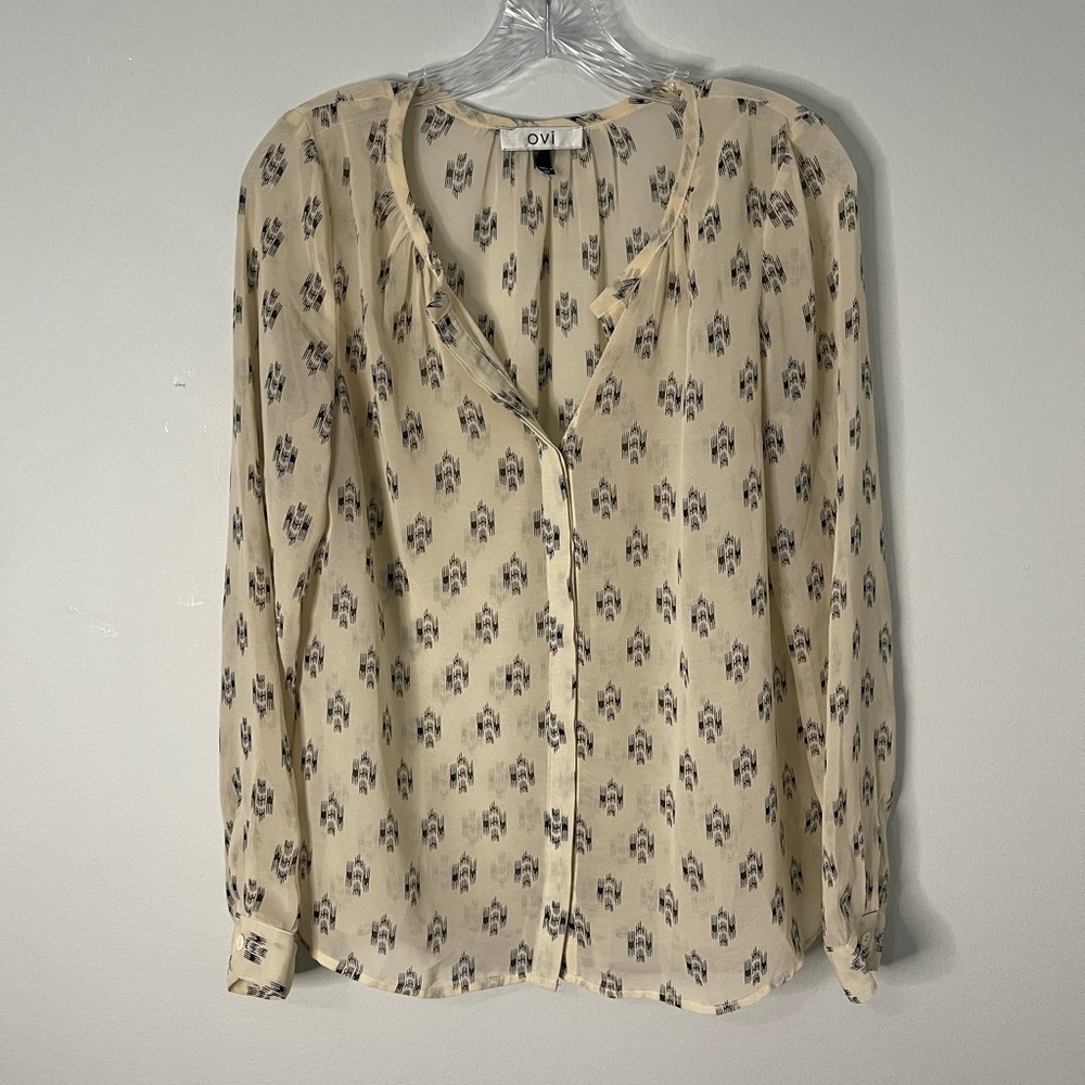 OVI Sheer Button Down Blouse l Cream with Black Print l Size Medium